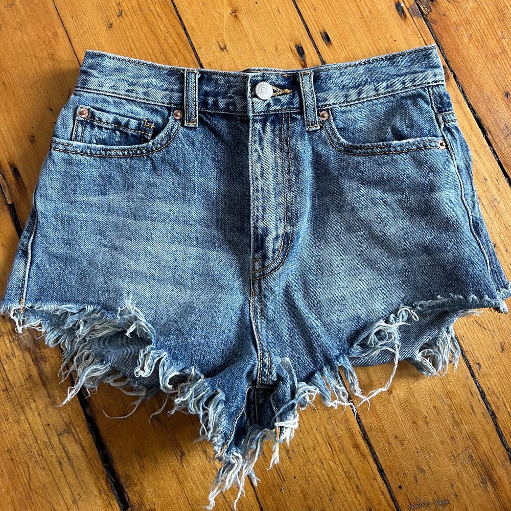 BDG Blue Frayed High Rise Cheeky Denim Shorts